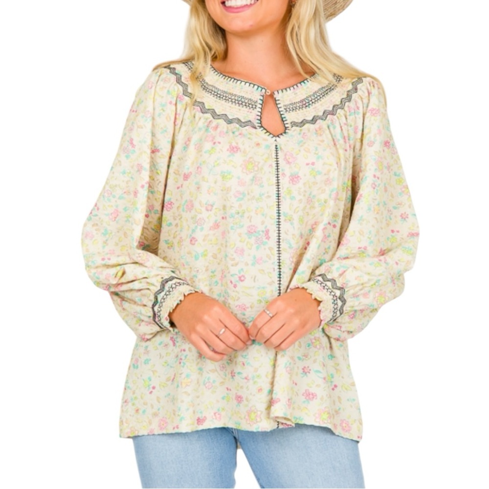 See N Be Seen Yellow Floral Boho Blouse Top size 1X Long Sleeves Smocked NWT